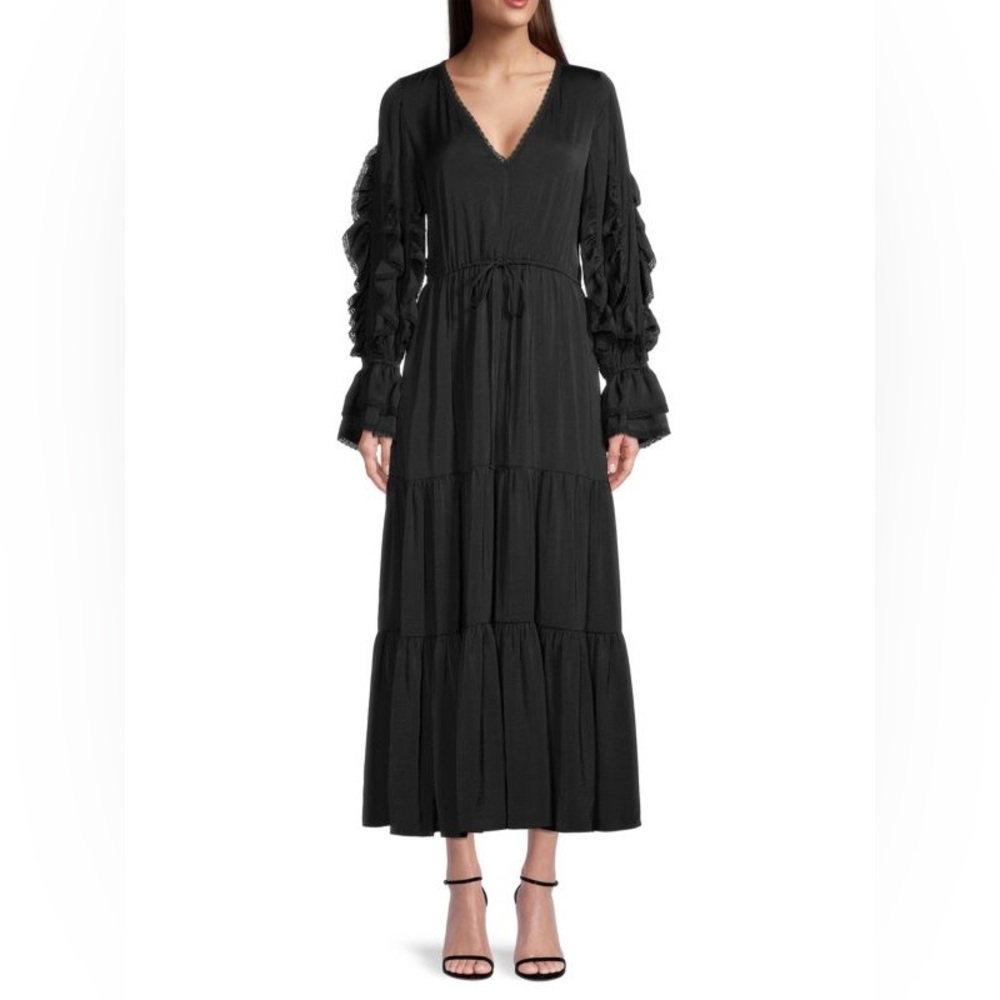UNGARO Val Tiered Maxi Dress black v neck